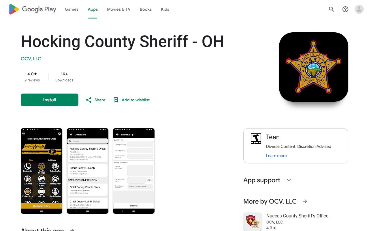 Hocking County inmate population sheriff app listing