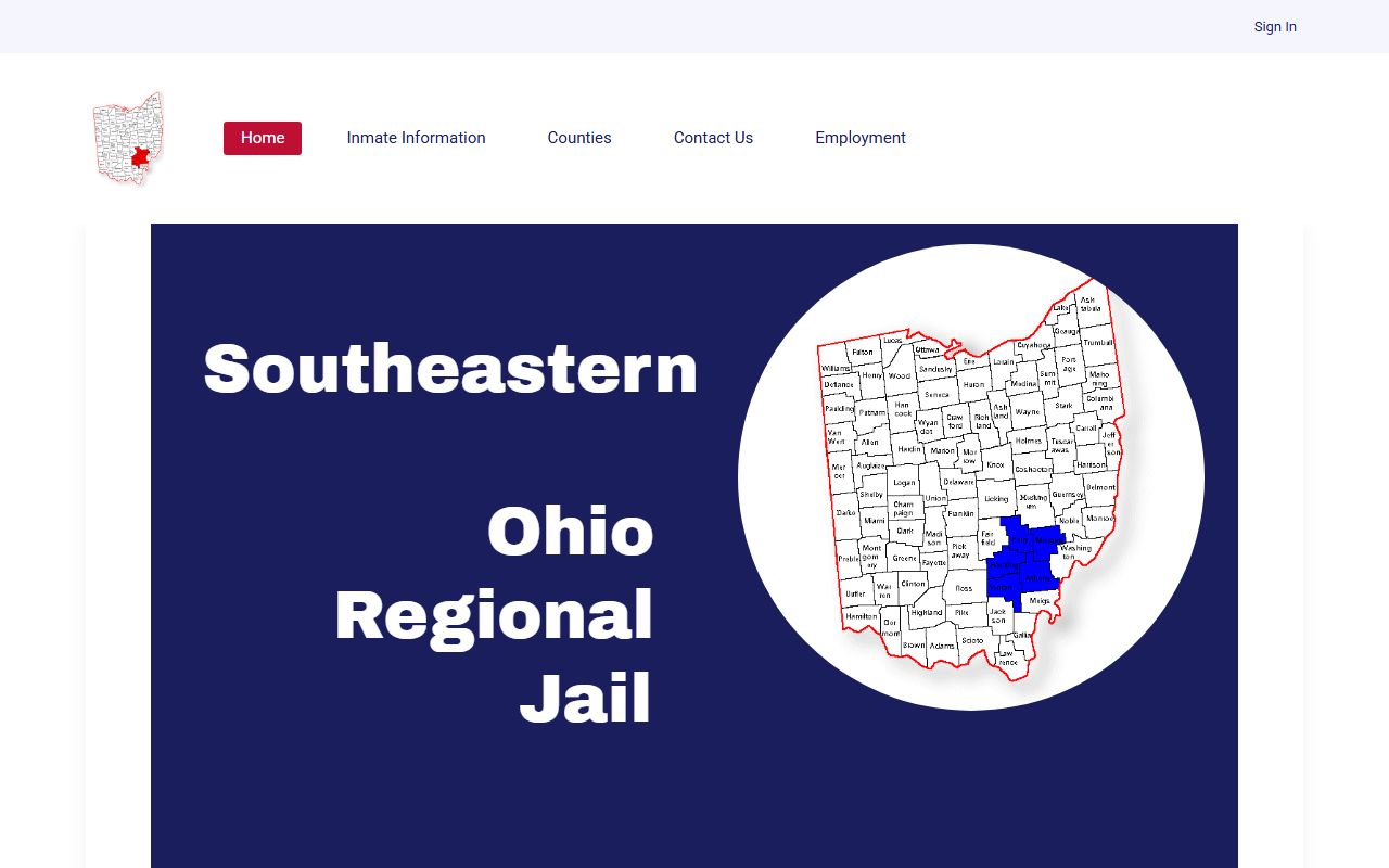 Southeastern Ohio Regional Jail home page showing the regional jail identity and Nelsonville facility information