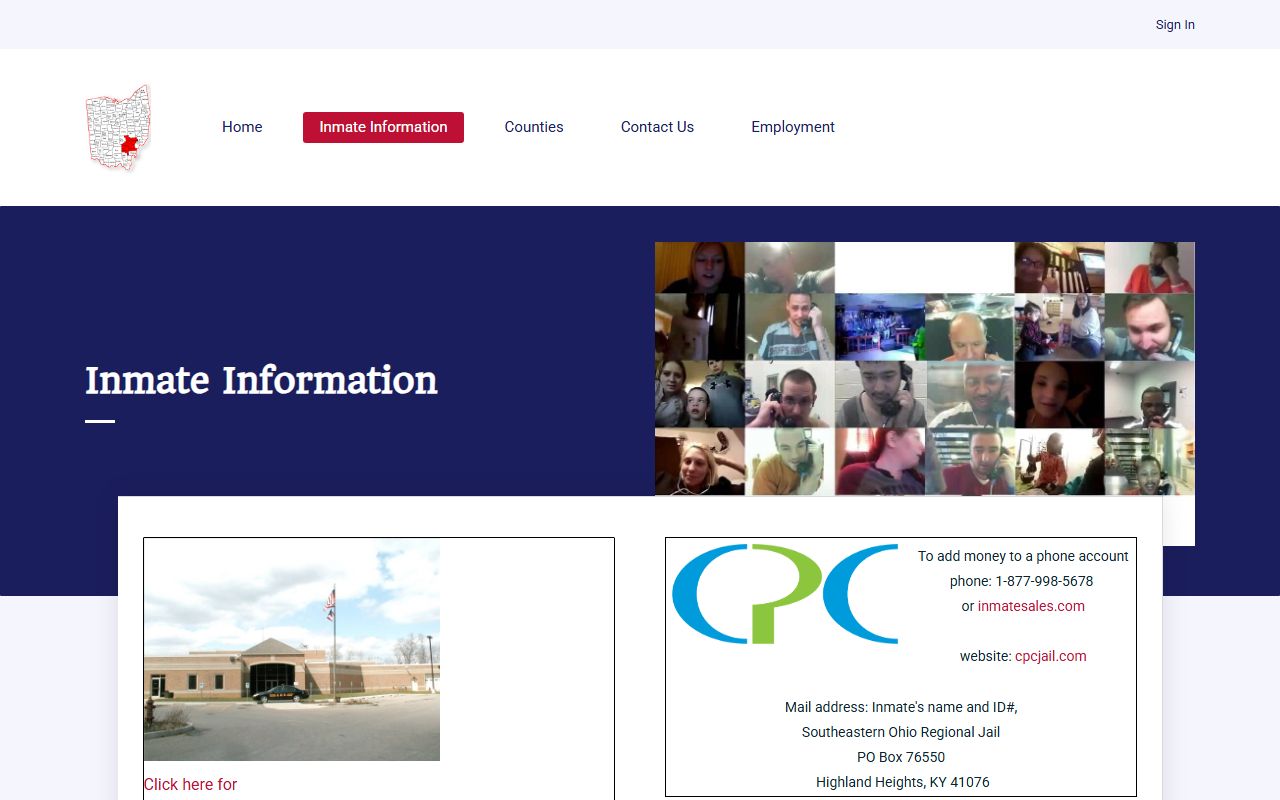 SEORJ inmate information page with roster, mail, phone, commissary, and deposit service details